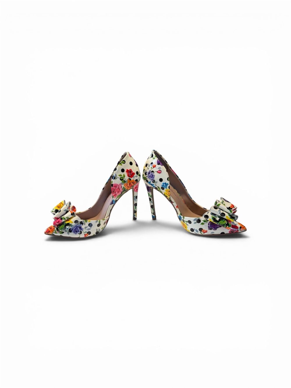 Betsey Johnson White & Black Floral Pointed Toe Stiletto Heels with Bow Accent